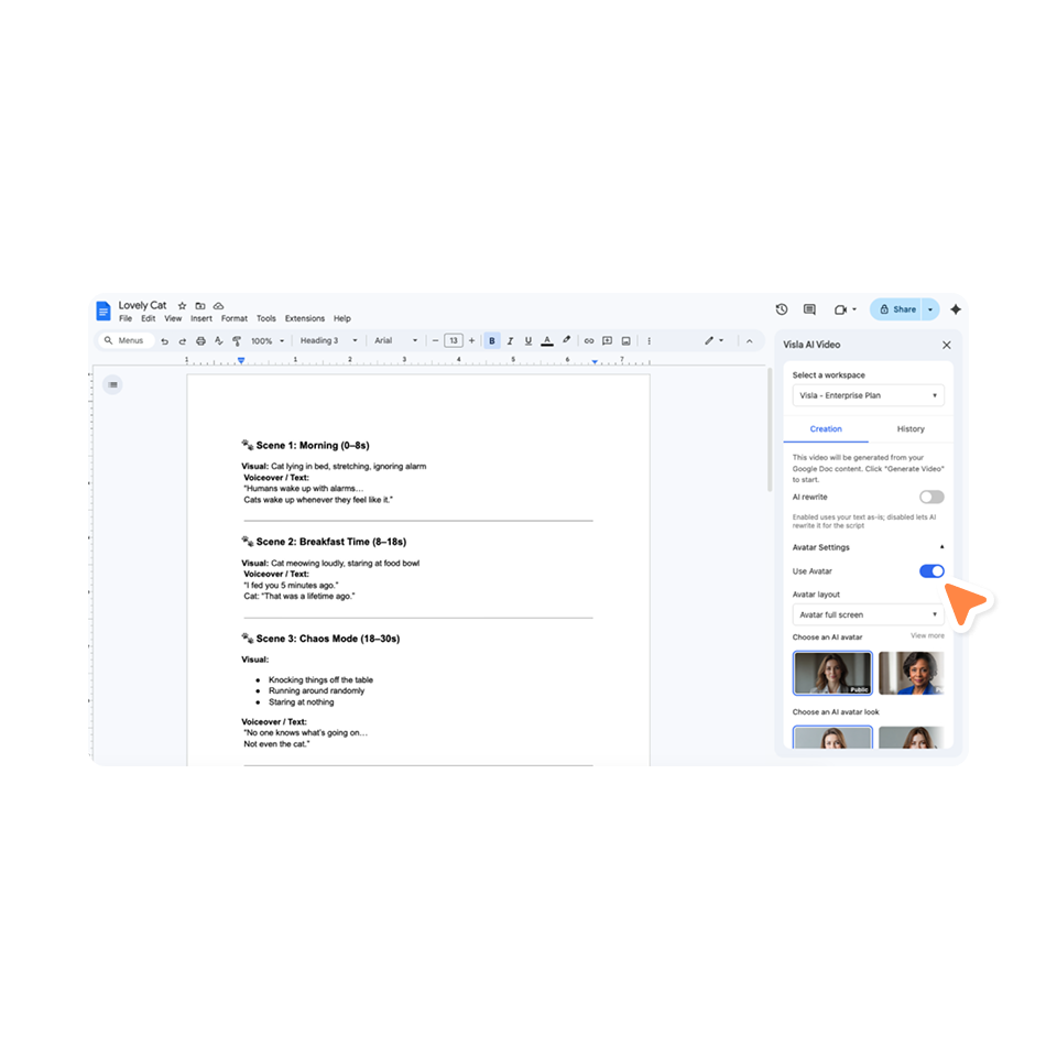 Configure AI avatar, voice, and script settings before generating a video